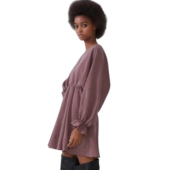 Zara Long Sleeve Blouson Mini Dress in Dusty Mauve Tobi Style - Picture 3 of 8